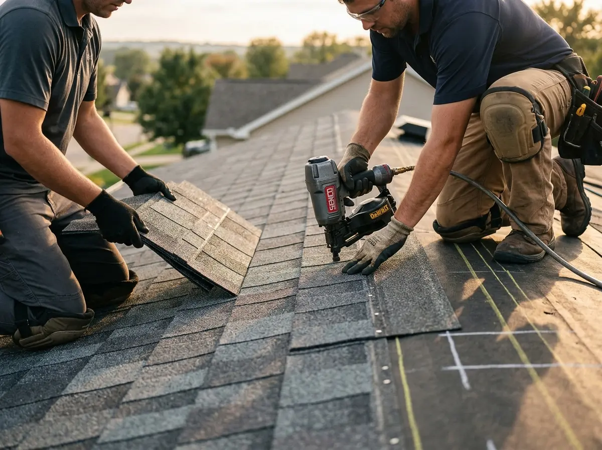 Professional roofer working on a residential roof in Phenix City